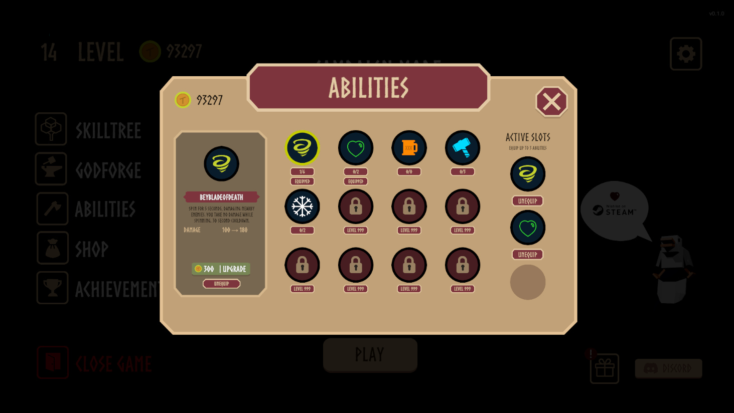 Abilities screen — equip and upgrade active skills