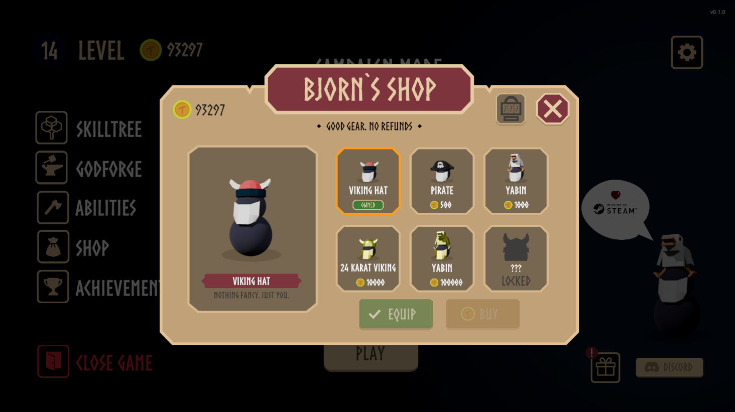 Bjorn's Shop — buy and equip cosmetics