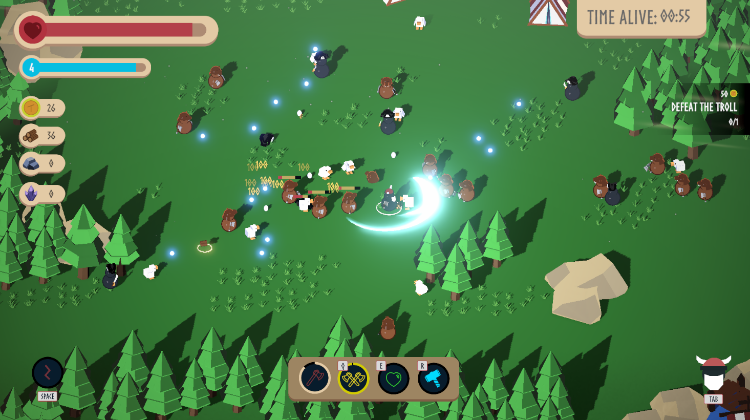 Gameplay — fighting off a horde in the forest