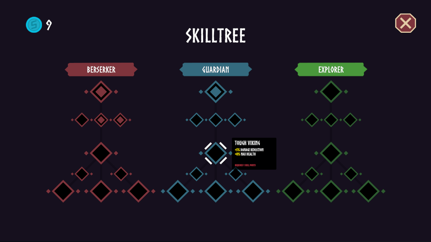 Skill Tree — Berserker, Guardian and Explorer paths
